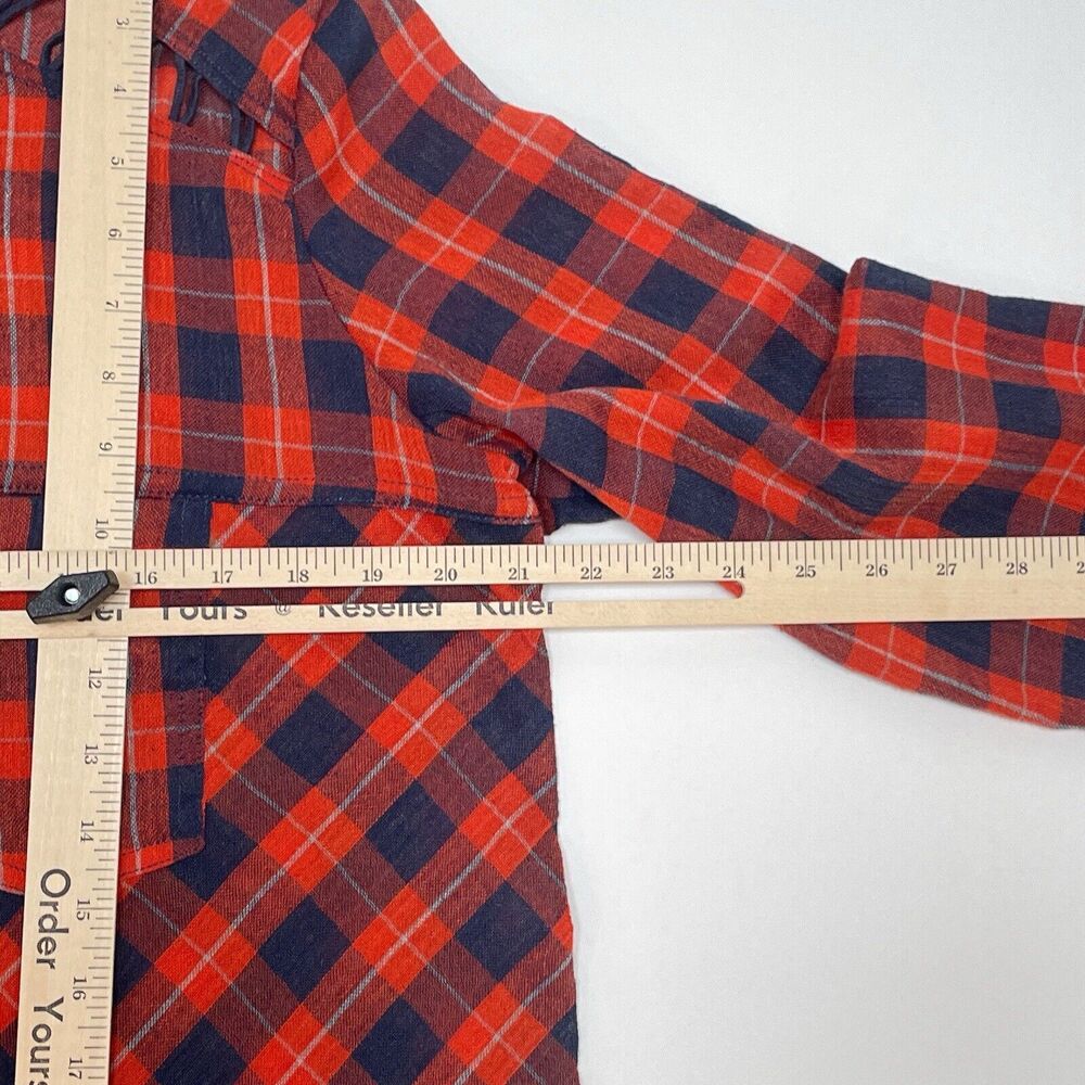 Free People Top Medium Orange Blue Plaid Snap‎ Button Front Relaxed Sheer Hi Low - Picture 9 of 10